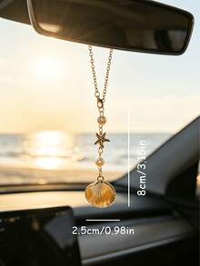1pc Bohemian Style Ocean Shell Starfish Pearl Car Rearview Mirror Hanging Ornament, 6 Styles Beach Theme Metal Car Interior Pendant, Vehicle Windshield Decoration - A - View 2