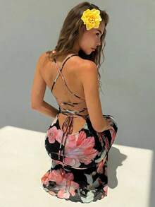 Elegant Women's Dress With Floral Print And Open Back, Summer Clothes, Beach Outfits For Women, Beach Vacation Clothes, Party Outfits, Bridesmaids - 黑色 - 查看 11