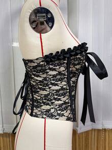 Nuevo top corsé ajustado de estilo retro para mujer, adornado con volantes y lazos, faja gótica con lazos, corsé con ballenas, camisola ajustada sin tirantes. - Albaricoque - Ver 10