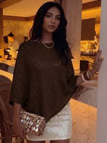 GLAMMY ملابس سباحة صيفية وغطاء شاطئ، ملابس علوية محبوكة بيضاء نقية لطيفة للنساء مع تصميم حافة غير متماثل، قصة فضفاضة قليلاً للخريف - شوكولاته بني - مشاهدة 2