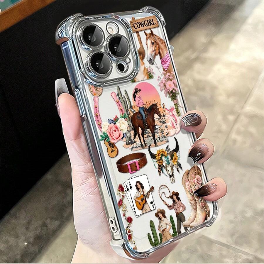 Funda para teléfono: 1 unidad de funda para teléfono con diseño floral de vaquera del oeste, compatible con Apple  11 12 13 14 15 16 17 ProMax XS X Xs Max, a prueba de golpes, transparente, estilo vintage femenino, linda y a la moda, se puede regalar a amigos o a un ser querido. - Plateado - Ver 1