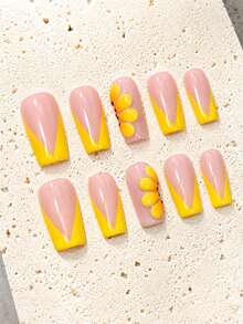 10pcs Handmade Press-On Nails Summer Y2K Nail Art Set, Long Square Acrylic Fake Nails, Bright Yellow V-Shaped French Tip 3D Flower Nail Art, Glossy Tropical Style Press-On Nails, Suitable For Beach Vacation Party - Yellow - View 4