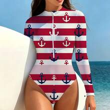 Nautical Style Women's Long Sleeve Zip Up One Piece Swimsuit With Anchor Print Red White And Blue Stripes Beach Summer Swimwear For Her - Black - View 3