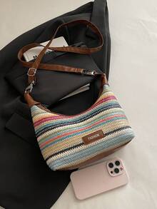 Colorful Striped Women's Handbag, Fashionable Straw Woven Handbag With Flower Pendant, Versatile Shoulder Bag And Crossbody Bag - Multicolor - View 7