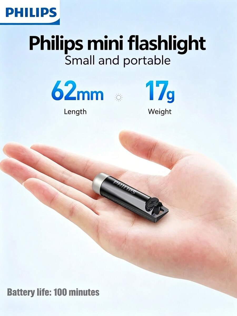 Philips High-Power Mini Flashlight, Portable Keychain Clip, UV Light, Type-C Rechargeable, Essential For Night Commute And Travel