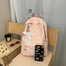 時尚新款輕量尼龍女款後背包，多口袋大容量學生書包，附吊飾筆電後背包 - 粉色 - 查看 6