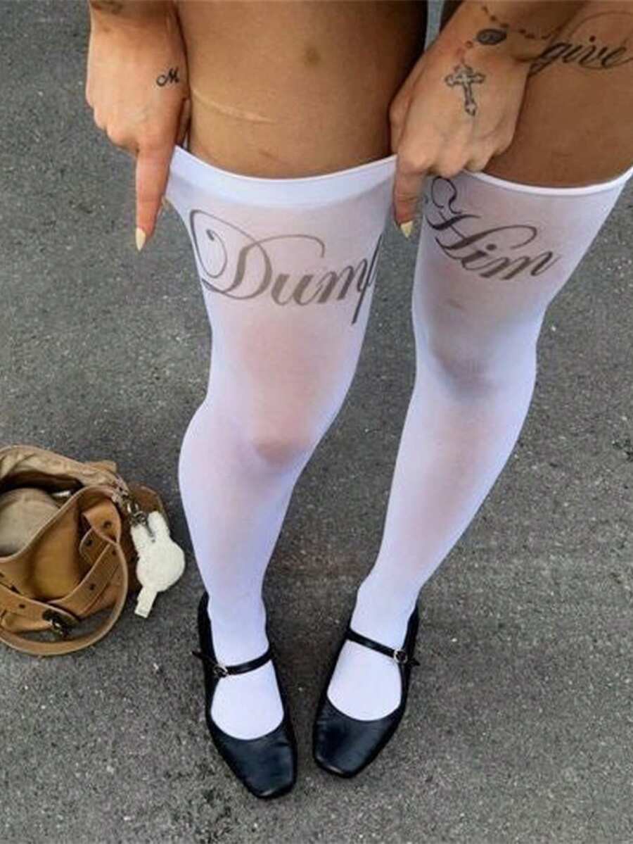 Y2K Street Style Handwritten Letter Print Sheer Thigh-High Socks, Side Contrast Color Line See-Through Over-The-Knee Socks, Suitable For High Heels And Mini Skirts - White - View 1