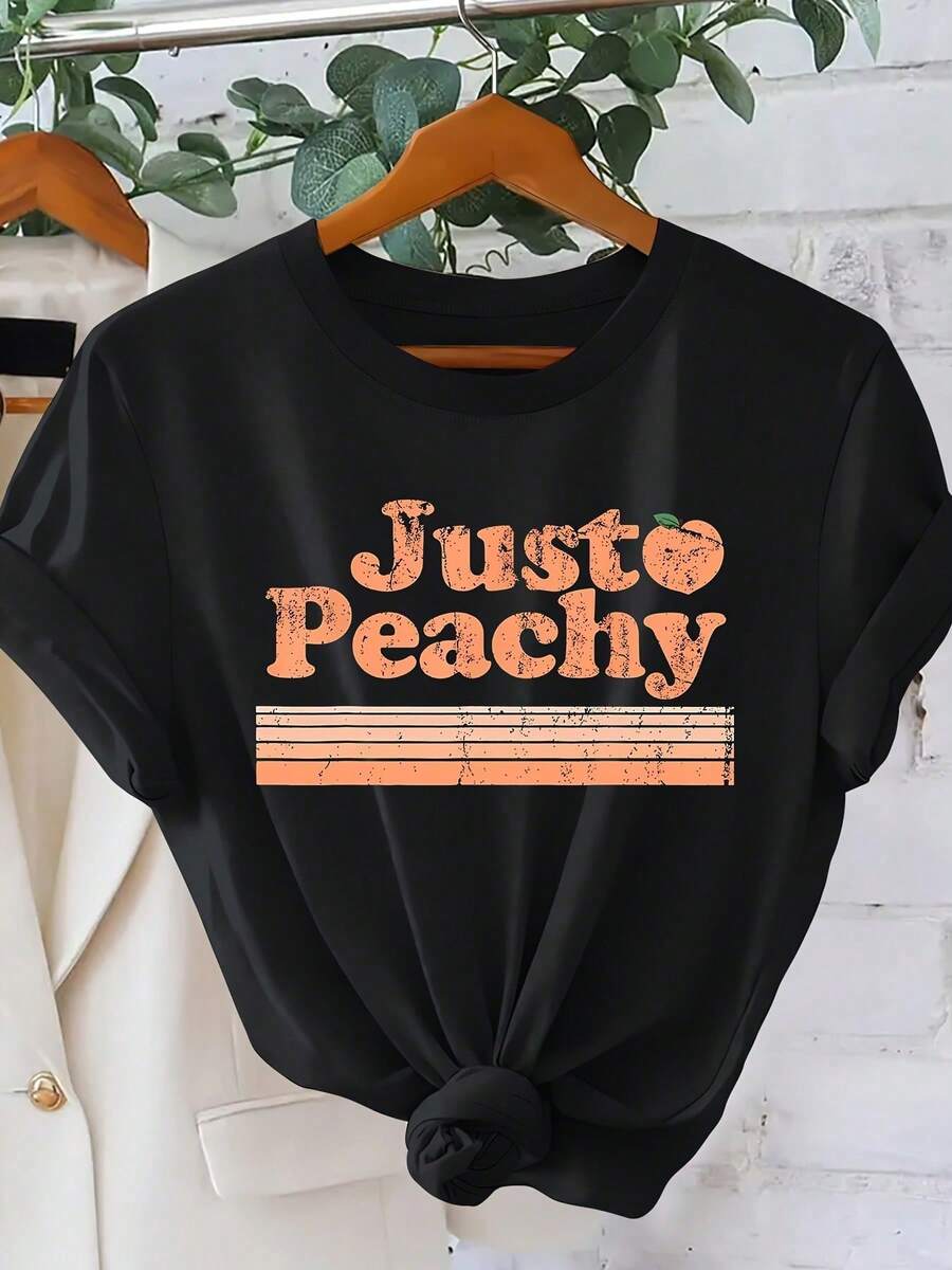 Just Peachy Women's Vintage T-Shirt With Distressed Peach Print | American Retro Style, Crew Neck, Short Sleeve | Cool And Sweet Casual Top | Stylish Clothing - 黑色 - 查看 1