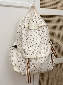 Women's Minimalist Large Capacity Classic Backpack With Floral Design - Beige - View 4