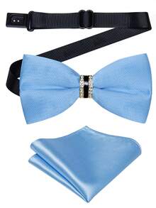 5Pcs Blue Jacquard Men Accessory Set, Bow Tie Pocket Square Cufflinks Brooch Detachable Ring,Random Cufflink Patterns,Accessories For Wedding - Blue - View 5