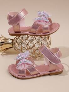 1 Pair Of Girls' 3D Mesh And Rhinestone Butterfly Glitter Hook And Loop Open-Toe Flat Sandals, Sweet Princess Style, Perfect For Everyday Summer Wear. - Pink - View 7