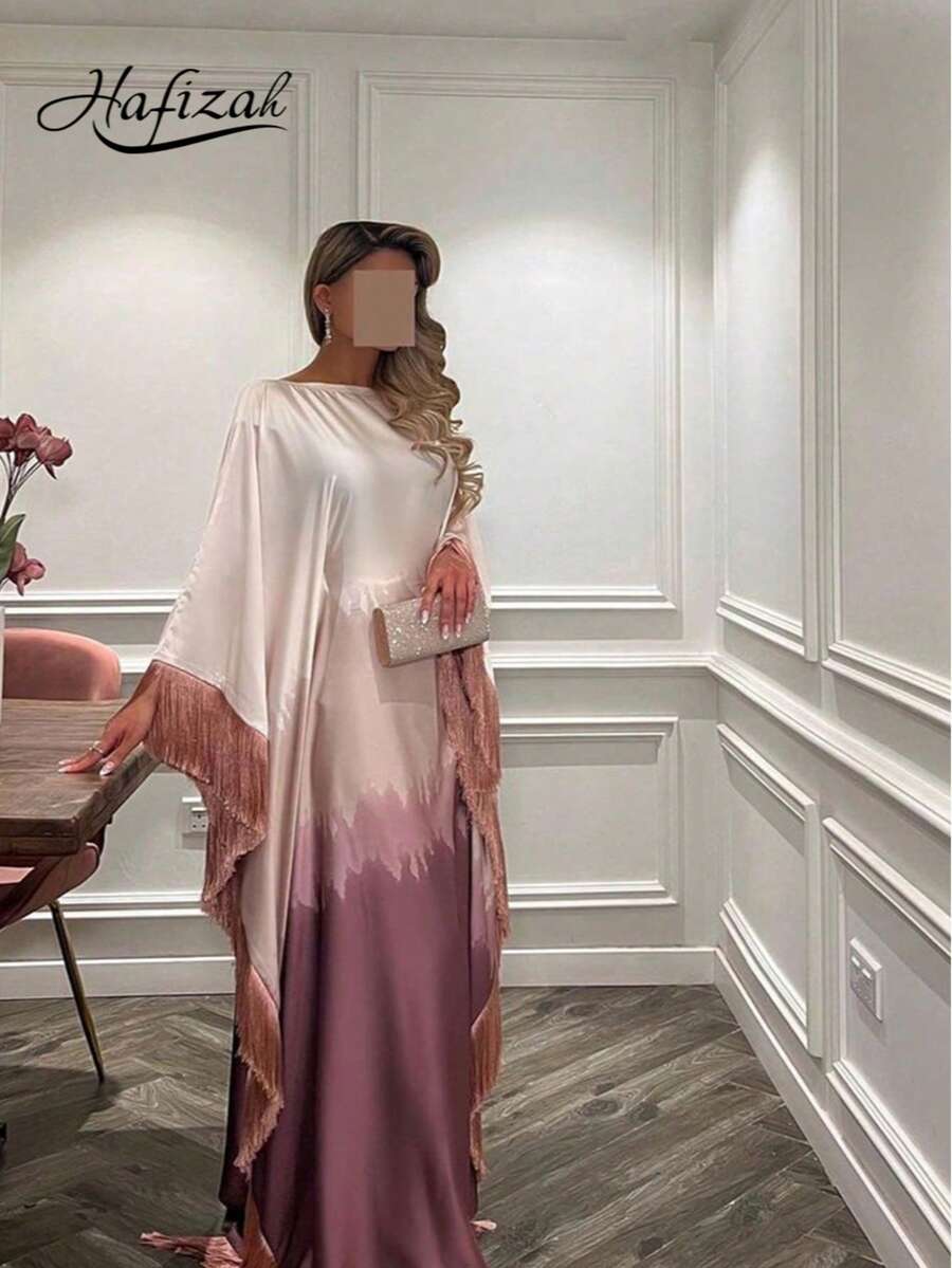 Hafizah Women's Silk Ombre Robe - White To Pink Purple Gradient Abaya Robe With Tassel Trim, Suitable For Dignified Occasions Spring Red - Red - View 1