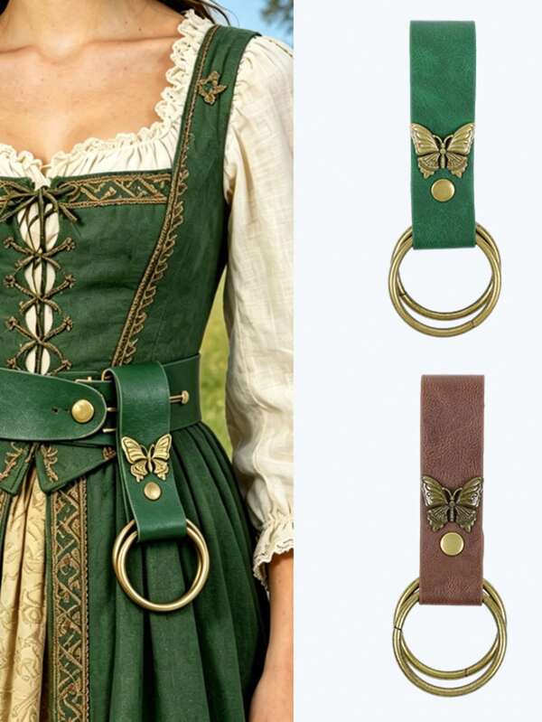 Vintage Butterfly Design Faux Leather Belt Accessory, Medieval Dress Matching Decorative Skirt Clip