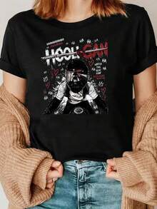 Women's Casual Summer Printed T-Shirt - A Dark Street Style Hooligan-Themed Printed Tee - Women's Short-Sleeve Crew Neck Casual Top, A Mix Of - 黑色 - 查看 1