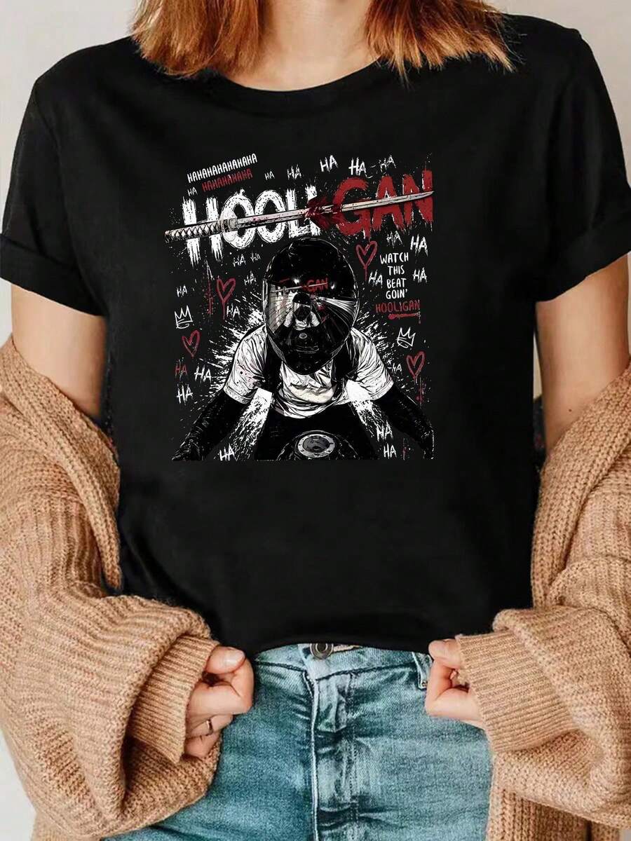 Women's Casual Summer Printed T-Shirt - A Dark Street Style Hooligan-Themed Printed Tee - Women's Short-Sleeve Crew Neck Casual Top, A Mix Of - 黑色 - 查看 1