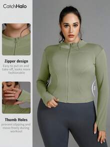 Plus Size Women's Solid Color Fitted Sports Jacket With Thumb Hole, Long Sleeve, Suitable For Yoga, Running, Fitness In Summer - Mint Green - View 3
