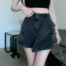 Falda-pantalón de mezclilla irregular para mujer, minifalda de cintura alta de verano para chicas pequeñas, falda corta retro ajustada que realza la cadera. - Negro y gris - Ver 1