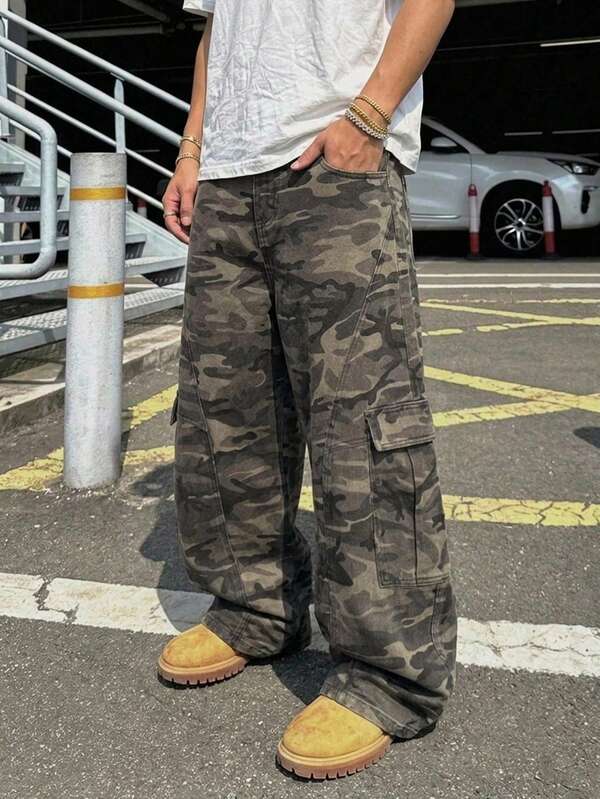 DAZY 1pc Justice Brother Retro American Style Patchwork Design Washed Denim Cargo Pants, Casual Loose Fit Wide Leg Trousers
