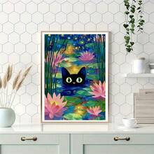 1PC | 5D DIY Diamond Painting | Black Cat In Lotus Pond Pattern Diamond Painting Kit, Full Drill Mosaic Craft Set. High Definition Art Diamond Painting. Gift Diamond Painting, Focus And Relax Through DIY, Suitable For Living Room, Bedroom, Office Wall Decor Hanging Painting, Surprise Home Decor Gift For Family And Friends, Unframed [30*40cm/11.8*15.7in][40*50cm/15.7*19.7in] - No Frame - View 5