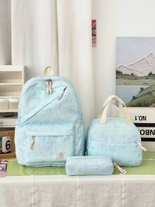 3-Piece Set - Back To School Bow Print Backpack Set, Large Capacity Nylon School Day Bag, With Lunch Bag And Pencil Case, Multi-Pocket Casual Backpack, Lightweight Bookbag, Suitable For Students/Graduates/Young People, Perfect For Back To School/Daily/Shopping/Short Trips And Outdoor Leisure Activities - Multicolor - View 16