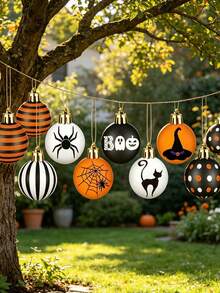 40pcs/Set Halloween Hanging Ball Decorations, Black Orange White Spider Web Witch Hat Black Cat Boo Pumpkin Pattern Spherical Ornaments, Outdoor Garden Tree Decor, Halloween Party Home Front Porch Decoration, Halloween Spherical Pendant Decorative Supplies - Multicolor - View 3