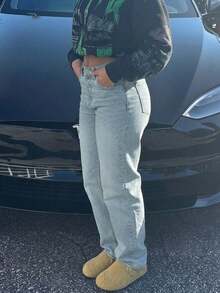 女款休閒破洞牛仔褲，經典復古直筒丹寧，春夏新款時尚牛仔褲秋季 - 藏蓝色 - 查看 3