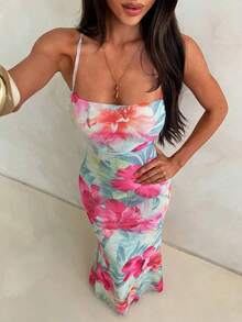 Elegant Women's Dress With Floral Print And Open Back, Summer Clothes, Beach Outfits For Women, Beach Vacation Clothes, Party Outfits, Bridesmaids - 珊瑚粉 - 查看 6