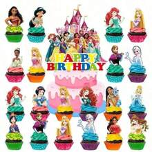 Princess Castle Print Birthday Banner Cake Toppers, Cupcake Picks Full Set Decoration, Hanging Flags, Insert Cards For Birthday Dessert Table, Wall Backdrop, Princess-Themed Birthday Party, Party Decoration, Photo Props - Multicolor - View 12