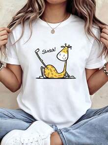 Mexican-Style Basic Garment In A Relaxed Fit, Plus Size, And Stretchy. Women's Short-Sleeved T-Shirt With A Giraffe Cartoon Print, Round Neck, For Spring/Summer, Soft. - 白色 - 查看 1