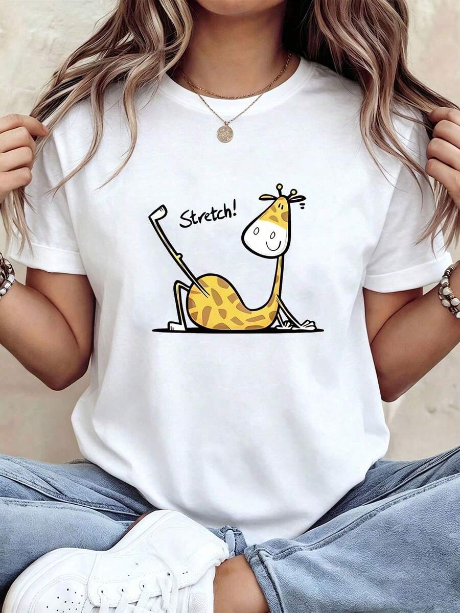 Mexican-Style Basic Garment In A Relaxed Fit, Plus Size, And Stretchy. Women's Short-Sleeved T-Shirt With A Giraffe Cartoon Print, Round Neck, For Spring/Summer, Soft. - 白色 - 查看 1