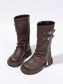 1 Pair Girls' Brown Ruched Stacked High-Top Motorcycle Boots, Double Metal Buckle Side Zipper Thick Sole Boots, Autumn/Winter Sweet Cool Cargo Style Style Tall Boots - Brown - View 3