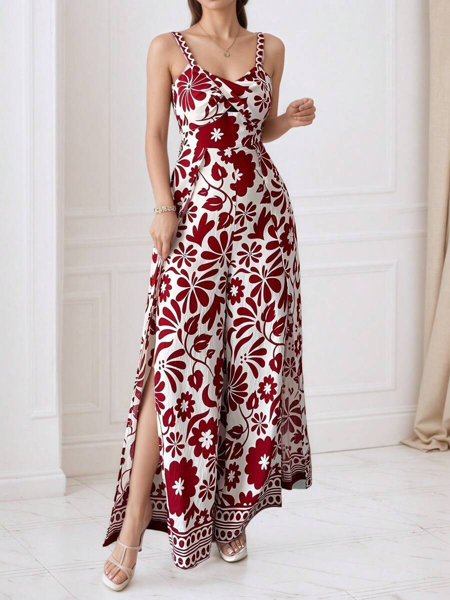 Elegant European And American Women's Clothing With Twisted Floral Print, Jumpsuit With Suspenders And Long Pants. - 紅色 - 查看 1