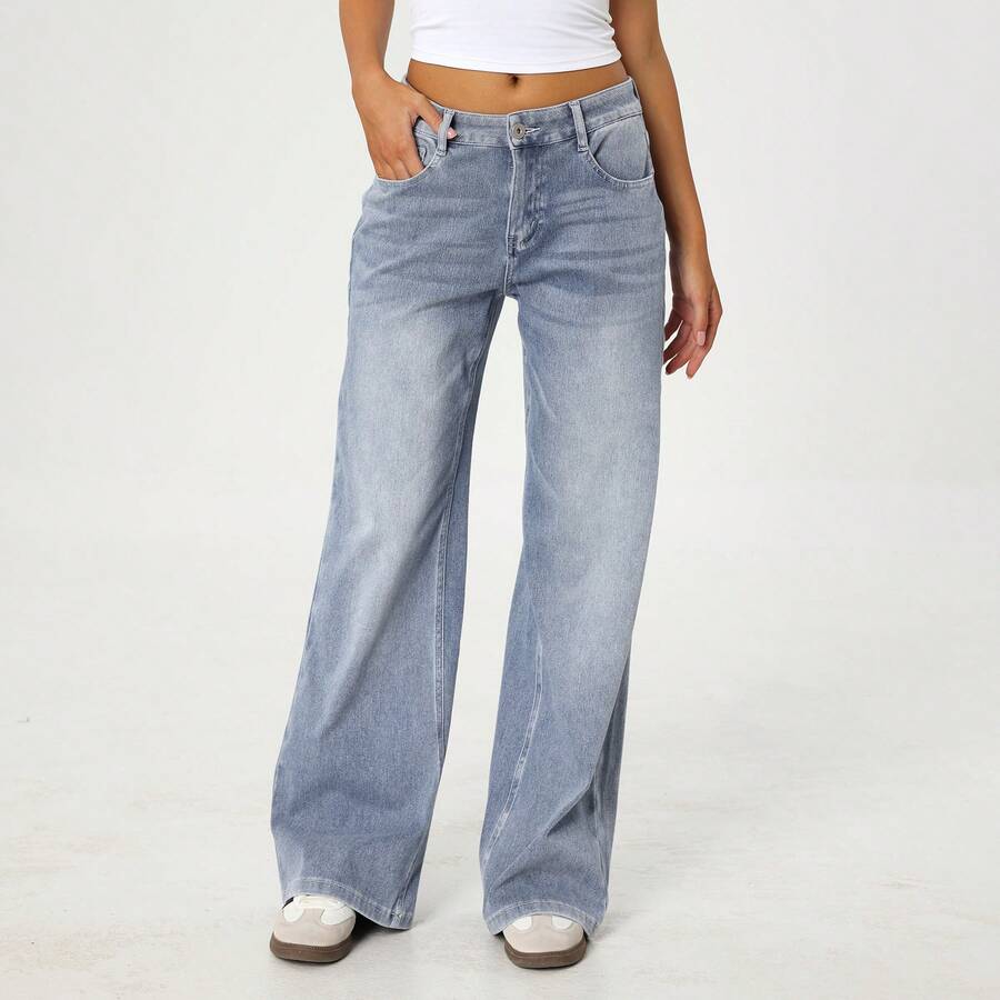 KATCH ME Ladies Mid Rise Wide Leg Denim Jeans, Zip Button Fly Classic Five Pocket Relaxed Fit Full Length Denim Trousers - Light Blue - View 1