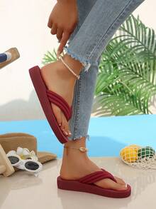Women's Summer Party & Daily Candy Color Bright Flat Plus Size Sandals, Solid Color Floral Decor Flip Flops, Casual Lightweight Outdoor Beach Shoes - Burgundy - View 5