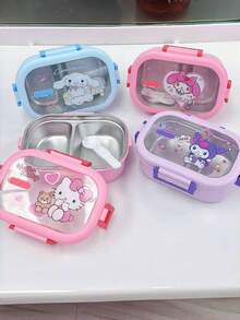 SANRIO 1個 Romi 900ml 卡通圖案防漏分格便當盒,不鏽鋼材質,耐用防摔,附餐具,開學必備,開學季與生日禮物,戶外野餐必需品 - 彩色 - 查看 3