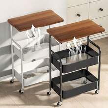 Rollwagen mit 3 Ebenen, Metallwagen mit Hölzerner Tischplatte, Aufbewahrung, Kunstwagen, Trolley, Organizer, Servierwagen, Multifunktional Servierwagen Roll Einfache Montage, 42 x 29.5 x 77cm - Schwarz - Übersicht 9