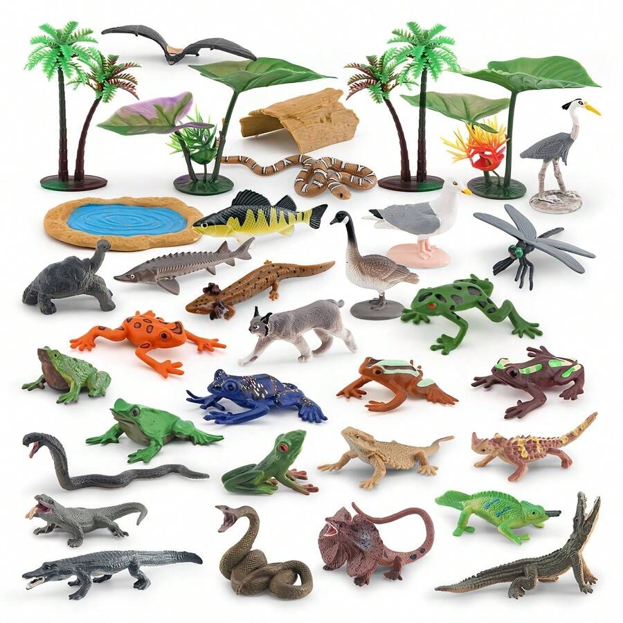 Set Mainan Model Katak, Kadal, dan Buaya Mini yang Realistis, Model Hewan dan Tumbuhan Kolam yang Realistis, Set Mainan Model Hewan untuk Meja - MultiWarna - View 1