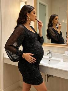 Maternity Metallic Lantern Sleeve Ruched Fitted Dress Black - Black - View 5