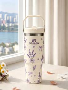 1 pieza Vaso aislado de mano SCALON de 30oz/900ML con estampado de lavanda en color blanco crema, vaso de acero inoxidable de gran capacidad para coche con pajita, taza de café helado a prueba de fugas, botella de vacío aislada de doble efecto para caliente y frío con tapa y pajita, estilo de alto valor para mujeres, termo universal de vacío con tapa y pajita para desplazamientos/exterior/regalo - Multicolor - Ver 1