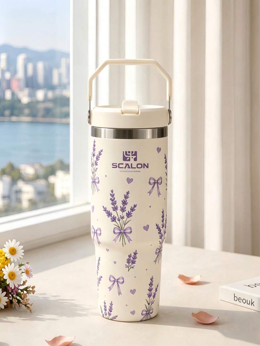 1 pieza Vaso aislado de mano SCALON de 30oz/900ML con estampado de lavanda en color blanco crema, vaso de acero inoxidable de gran capacidad para coche con pajita, taza de café helado a prueba de fugas, botella de vacío aislada de doble efecto para caliente y frío con tapa y pajita, estilo de alto valor para mujeres, termo universal de vacío con tapa y pajita para desplazamientos/exterior/regalo - Multicolor - Ver 1