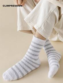 CLIMPRESSION Unisex Striped Plush Mid-Calf Socks, Neutral Fine Striped Coral Fleece Fluffy Home Socks, Soft Warm Winter Comfortable Sleep & Leisure Socks - Multicolor - View 5