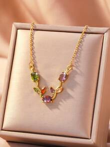 1件极简镀金铜郁金香叶项链，适合女性日常佩戴及各种节日珠宝礼品 - 金色 - 查看 11