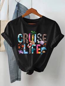Women White Cotton T Shirt Cruise Life Leopard Letter Dolphin Starfish Shell Front Print Cruise Vacation Beach Casual Graphic Tee - Black - View 7