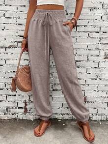 女款時尚通勤輕量淺灰紫色仿亞麻腰部抽繩口袋長褲，休閒時尚長褲 - 淺灰紫 - 查看 2
