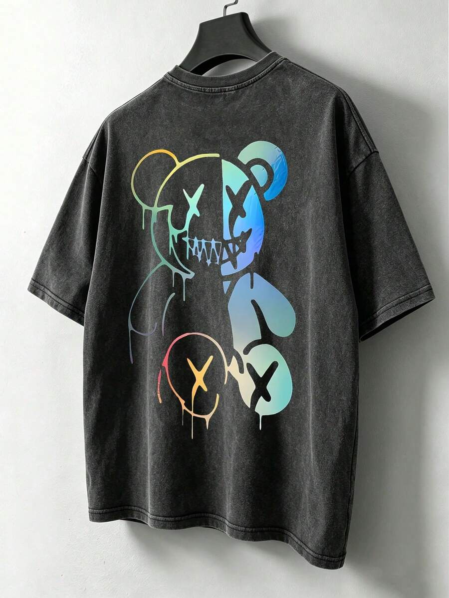 Men's Washed Cotton Crew Neck Short Sleeve T-Shirt With Minimalist Print - Putih - View 1