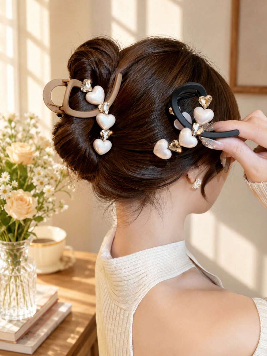 topshiny 1pc French Pearl Heart Rhinestone Hair Clip, Elegant Sweet Hair Accessory, Suitable For Women And Girls Daily Wear