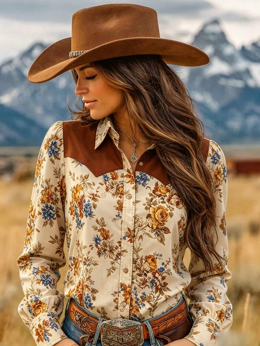 VEXHEIMA Western Style Women's Bohemian-Style , Elegant, And Versatile Suede Shirt With Vintage Print, Button-Down Collar, And Long Sleeves Vacation