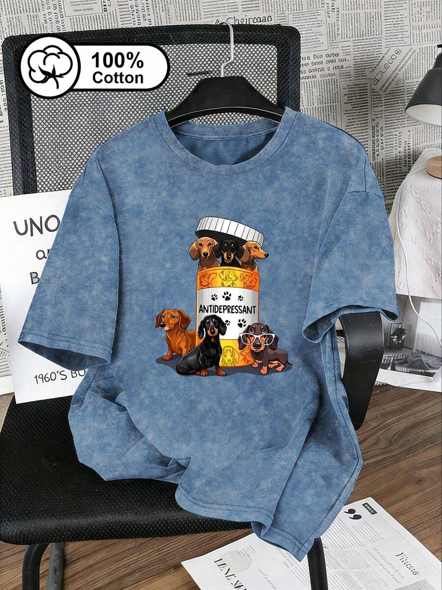 Plus Size Women's Vintage Washed Snowflake T-Shirt, Antidepressant Puppy Print, Casual Crew Neck Short Sleeves, Summer Top, Everyday Wear T-Shirt. - Blue - View 1