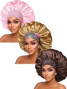 CONFLASS 3/1pc Wide Brim Satin Floral Print Sleep Cap With Wide Elastic Band, Suitable For Braided, Curly, Straight Hair Women's Sleep Cap, Daily Wear - Multicolor - View 18
