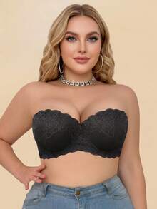 mimilemon Plus Size Women's Black Lace Strapless Underwire Bra - Breathable & Comfortable For Vacation Wear - Black - View 11